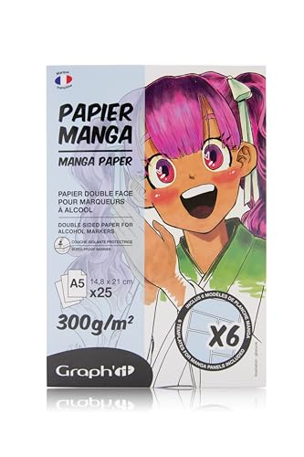 GRAPH'IT Manga-Block, 25 Blatt, 300 g, extra weiß, speziell für Alkoholmarker, 1 Seite geklebt, widerstandsfähiges Papier für Alkoholtinte, 6 Manga-Vorlagen auf Ebenen enthalten – Format A5 von GRAPH'IT