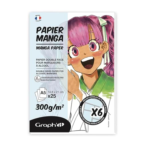 GRAPH'IT Manga-Block, 25 Blatt, 300 g, extra weiß, speziell für Alkoholmarker, 1 Seite geklebt, widerstandsfähiges Papier für Alkoholtinte, 6 Manga-Vorlagen auf Ebenen enthalten – Format A5 von GRAPH'IT