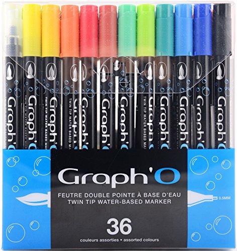 GRAPH'O Set mit 36 Stiften mit Doppelspitze für Zeichnen, Illustration und Aquarellfarben, extra feine 0,5 mm Spitze und weiche Pinselspitze von GRAPH'IT