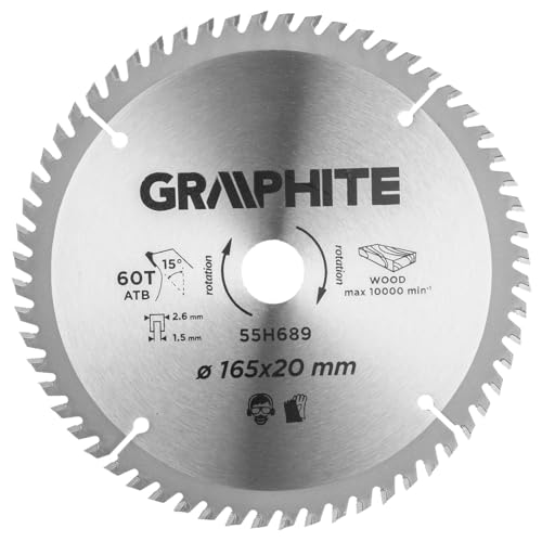 GRAPHITE Kreissägeblatt 165 x 20 mm ideal für Holz - Sägeblatt, Widia - Hergestellt aus stahl C50 (Zähne aus Wolframkarbid, 165 mm Durchmesser, 20 mm Sägeblattbohrung, 60 Zähne) von GRAPHITE