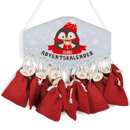 GRAVURZEILE Adventskalender aus Holz - Wintertiere - Personalisiert mit Namen - DIY Adventskalender für Kinder - wahlweise mit Leinensäckchen - Weihnachtsdeko für Kinderzimmer - Farbe: Pinguin von GRAVURZEILE