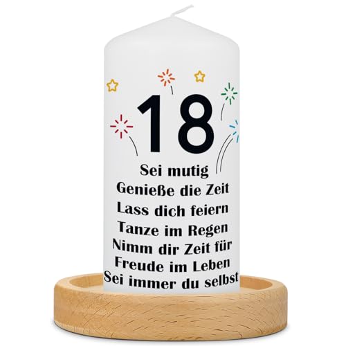 GRAVURZEILE Bedruckte Kleine Kerze - 18 Jahre Geburtstagskerze - brilliant bedruckte Kerze zum 18. Geburtstag mit Spruch - Tischdeko - Geschenk für Mädchen & Jungen zur Volljährigkeit von GRAVURZEILE