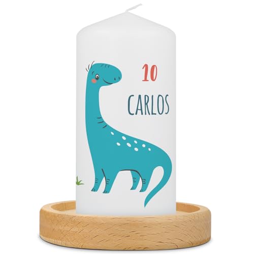 GRAVURZEILE Bedruckte Kleine Kerze - Langhals Dinos Geburtstag - Geburtstagskerze Personalisiert mit Name & Alter - brilliant bedruckte Kerze zum Geburtstag - Geschenk für Mädchen & Jungen von GRAVURZEILE