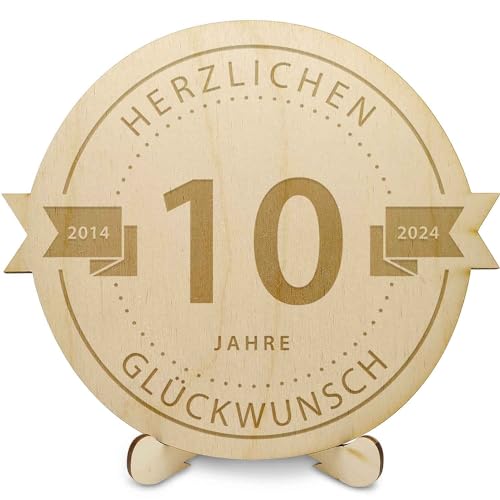 GRAVURZEILE Holzschnitte - Gravierte Holzscheibe 10 Jahre - Geschenk zum Jubiläum 2023 - Größe: 20 cm - Rustikales Geschenk zum Geburtstag, Jahrestag & Firmenjubiläum - für DIY Geschenke geeignet von GRAVURZEILE