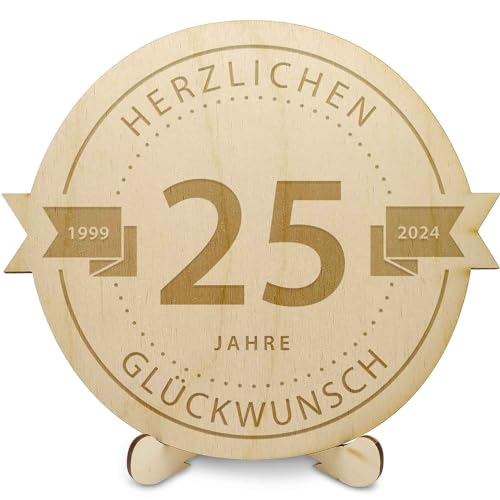 GRAVURZEILE Holzschnitte - Gravierte Holzscheibe 25 Jahre - Geschenk zum Jubiläum 2024 - Größe: 20 cm - Rustikales Geschenk zum Geburtstag, Jahrestag & Firmenjubiläum - für DIY Geschenke geeignet von GRAVURZEILE