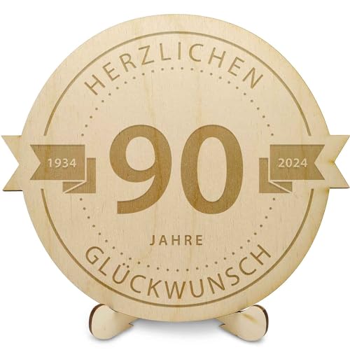 GRAVURZEILE Holzschnitte - Gravierte Holzscheibe 90 Jahre - Geschenk zum Jubiläum 2024 - Größe: 20 cm - Rustikales Geschenk zum Geburtstag, Jahrestag & Firmenjubiläum - für DIY Geschenke geeignet von GRAVURZEILE