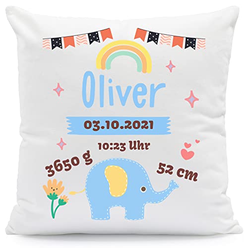 GRAVURZEILE Kissen mit Motiv - Babydaten und Elefant - Personalisierbar mit Name Datum Größe Gewicht des Kindes - Geschenk für Mama Papa Eltern - Geschenk zur Geburt Babyparty - Farbe: Blau von GRAVURZEILE