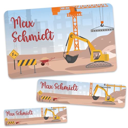 GRAVURZEILE Schuletiketten - Baustelle - Personalisiert mit Namen - 100 Aufkleber in 3 Größen für das Beschriften von Schulsachen Hefte Bücher - Geschenk zum Schulanfang - Farbe: Bagger GRAVURZEILE Schuletiketten - Baustelle - Personalisiert mit Namen - 100 Aufkleber in 3 Größen für das Beschriften von Schulsachen Hefte Bücher - Geschenk zum Schulanfang - Farbe: Bagger von GRAVURZEILE