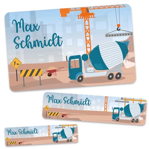 GRAVURZEILE Schuletiketten - Baustelle - Personalisiert mit Namen - 100 Aufkleber in 3 Größen für das Beschriften von Schulsachen Hefte Bücher - Geschenk zum Schulanfang - Farbe: Betonmischer von GRAVURZEILE