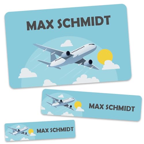 GRAVURZEILE Schuletiketten - Flugzeug Design - Personalisiert mit Namen - 100 Aufkleber in 3 Größen für das Beschriften von Schulsachen Hefte Bücher - Geschenk zum Schulanfang zur Einschulung von GRAVURZEILE