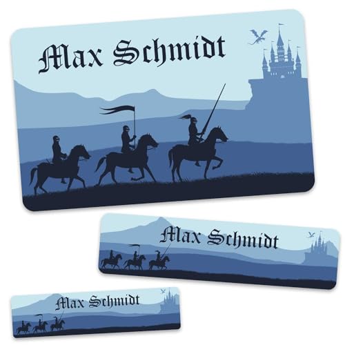 GRAVURZEILE Schuletiketten - Ritter Design - Personalisiert mit Namen - 100 Aufkleber in 3 Größen für das Beschriften von Schulsachen Hefte Bücher - Geschenk zum Schulanfang - Farbe: Blau von GRAVURZEILE