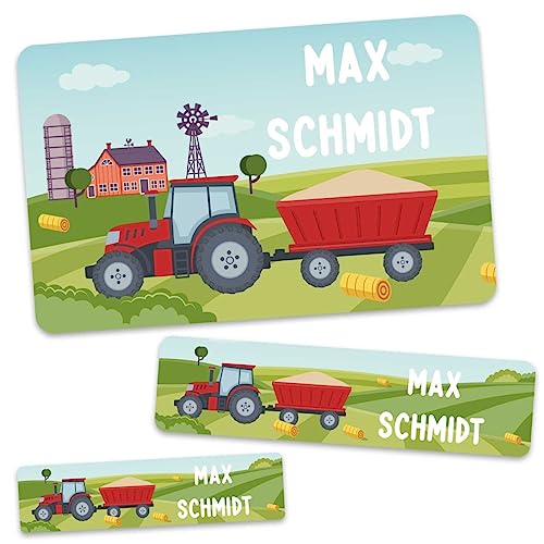 GRAVURZEILE Schuletiketten - Traktor Design - Personalisiert mit Namen - 100 Aufkleber in 3 Größen für das Beschriften von Schulsachen Hefte Bücher - Geschenk zum Schulanfang zur Einschulung von GRAVURZEILE