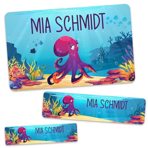 GRAVURZEILE Schuletiketten - Unterwasser - Personalisiert mit Namen - 100 Aufkleber in 3 Größen für das Beschriften von Schulsachen Hefte Bücher - Geschenk zum Schulanfang - Farbe: Krake von GRAVURZEILE