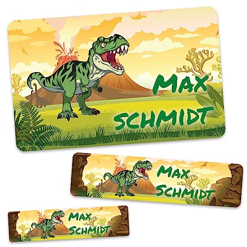 GRAVURZEILE Schuletiketten - Dinosaurier Design - Personalisiert mit Namen - 100 Aufkleber in 3 Größen für das Beschriften von Schulsachen Hefte Bücher - Geschenk zum Schulanfang zur Einschulung von GRAVURZEILE