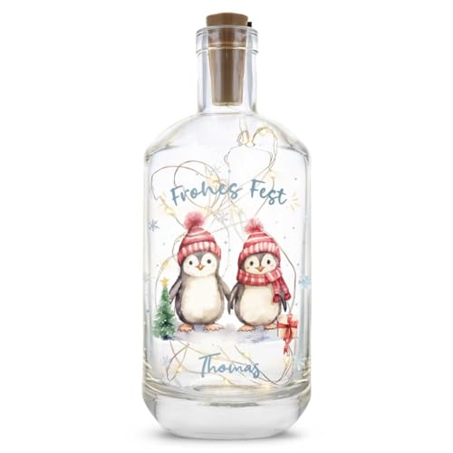 GRAVURZEILE personalisiertes Flaschenlicht mit UV Druck - Pinguine - LED - Mit Lichterkette - Weihnachtsdeko - Persönliche Geschenke für Frauen & Männer - Geschenk zu Wichtel und Weihnachten von GRAVURZEILE