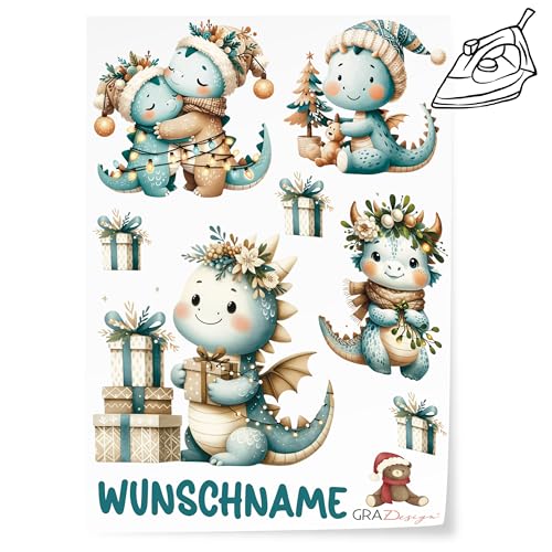 GRAZDesign Bügelbild Weihnachten Set für Textilien Drachen DIN A4 zum selbst aufbügeln, Kinder mit Namen personalisiert GRAZDesign Bügelbild Weihnachten Set für Textilien Drachen DIN A4 zum selbst aufbügeln, Kinder mit Namen personalisiert von GRAZDesign
