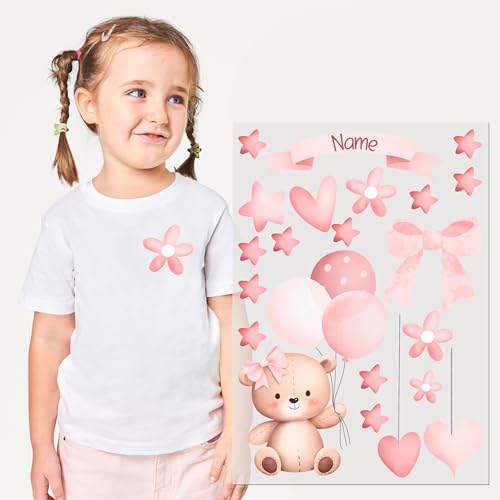 GRAZDesign Bügelbilder Textilaufkleber Kinder – Niedliche Rosa Blumen & Teddybär Designs – Personalisierbare Deko für Kleidung, T-Shirts & Stoffe DIN A4 von GRAZDesign