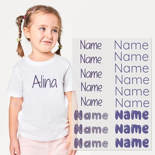 GRAZDesign Namens-Textilaufkleber Personalisierbare Bügelbilder für Kinder T-Shirts – 17 Namen Set DIN A4 von GRAZDesign