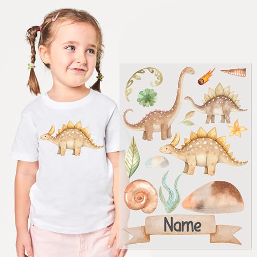GRAZDesign Personalisierbare Bügelbilder Set für Kinder – Dinosaurier Motiv, Textilaufkleber in DIN A4, Personalisierbar mit Namen von GRAZDesign