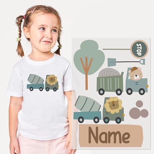 GRAZDesign Personalisierbare Bügelbilder Set für Kinder T-Shirts - Baufahrzeug Design, Textilaufkleber mit Namen, DIN A4 von GRAZDesign