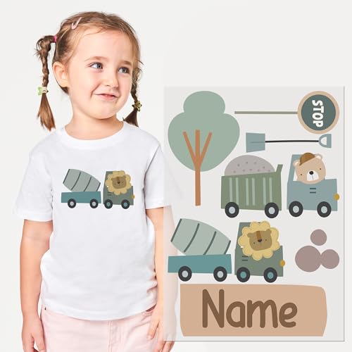 GRAZDesign Personalisierbare Bügelbilder Set für Kinder T-Shirts - Baufahrzeug Design, Textilaufkleber mit Namen, DIN A4 von GRAZDesign