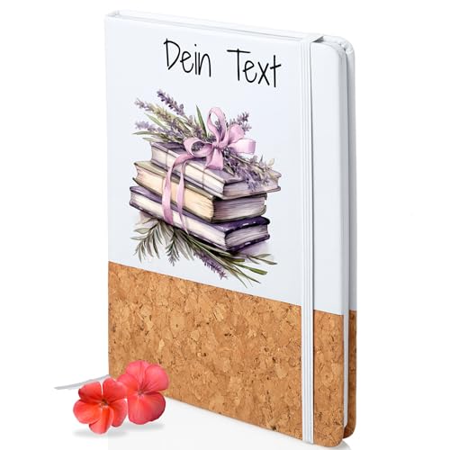 GRAZDesign Personalisierbares Notizbuch mit Kork und Lavendel Design – Mit Namen anpassbar DINA 5 unliniert als Geschenk von GRAZDesign