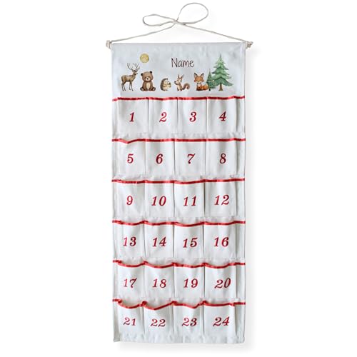 GRAZDesign Personalisiertes Adventskalender zum Befüllen Kinder Stoff Tüten, groß XXL, Holz, für Weihnachten 2025, wiederverwendbar Beige von GRAZDesign