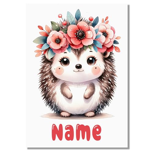 GRAZDesign Wandbild Kinderzimmer Igel mit Namen personalisiert - Süße Waldtiere mit Blumen auf A4 Bilder Babyzimmer Deko Mädchen & Junge GRAZDesign Wandbild Kinderzimmer Igel mit Namen personalisiert - Süße Waldtiere mit Blumen auf A4 Bilder Babyzimmer Deko Mädchen & Junge von GRAZDesign