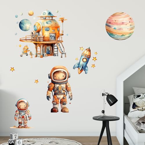 GRAZDesign Wandtattoo Astronaut Set Wandsticker Kinderzimmer Junge Planeten Weltall Raumstation COOL (100x100cm) von GRAZDesign