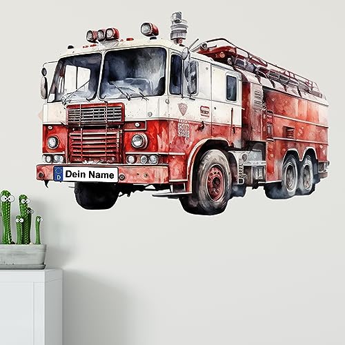 GRAZDesign Wandtattoo Feuerwehr Kinderzimmer Junge mit Namen personalisiert, Wand Aufkleber Tattoo Kinder Auto, Feuerwehrauto Wandaufkleber für Jungenzimmer 81x57cm von GRAZDesign