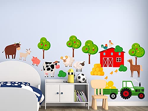 GRAZDesign Wandtattoo Kinderzimmer Junge | Traktor grün Bauernhof Bäume Stroh Tiere Kuh Pferd | Wandsticker Babyzimmer | Wand Deko zum Aufkleben | selbstklebend 100x57cm von GRAZDesign