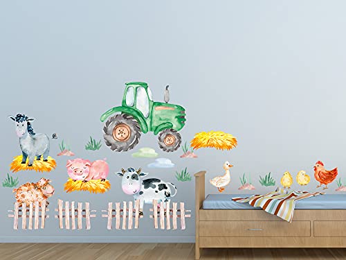 GRAZDesign Wandtattoo Traktor Kinderzimmer Junge | Trecker grün Tiere Kuh Schwein Schaf Bauernhof Stroh | Wandsticker Babyzimmer | Wand Deko zum Aufkleben | selbstklebend 100x57cm von GRAZDesign