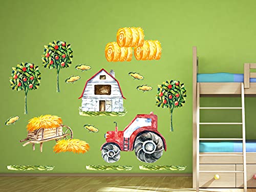 GRAZDesign Wandtattoo Trecker Kinderzimmer Junge | Traktor rot Bauernhof Bäume Stroh | Wandsticker Babyzimmer | Wand Deko zum Aufkleben | selbstklebend 100x57cm von GRAZDesign