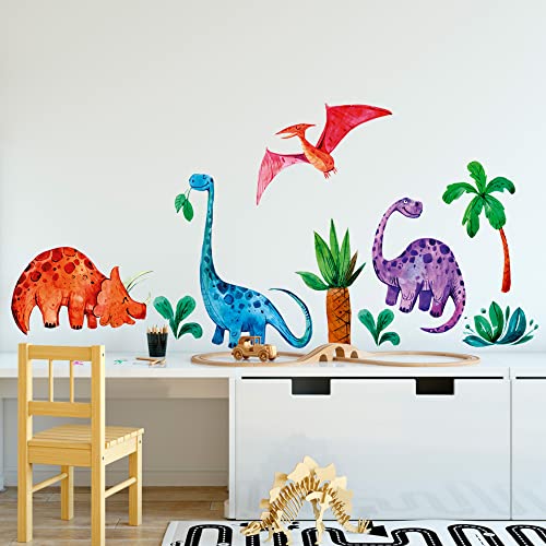 GRAZDesign Wandtattoo Dinosaurier Kinderzimmer, Geschenk zum Geburtstag, Babyzimmer Wandsticker Jungen Dino Deko, Tapete Aufkleber Set Größe 80x57cm - Set Dinos mit Bäumen von GRAZDesign