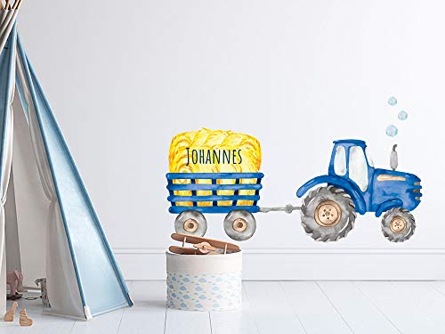 GRAZDesign Wandtattoo Kinderzimmer Junge Blau, Traktor mit Anhänger und Namen, Babyzimmer personalisiert, Entfernbare Wandsticker, Wandaufkleber Jungen / 100x57cm von GRAZDesign
