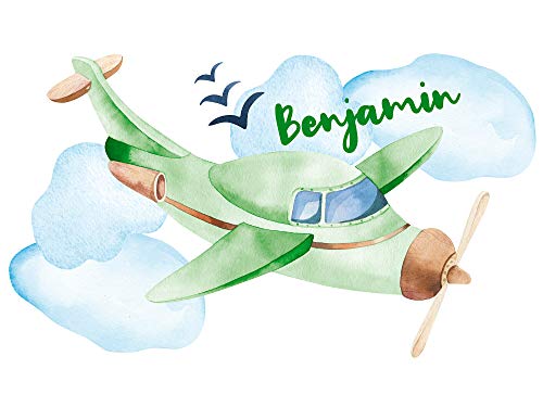 GRAZDesign Wandtattoo Kinderzimmer Junge Flugzeug | personalisiert mit Name | Wandsticker Babyzimmer Baby Jungen | Wandaufkleber Kinderzimmer Deko 99x57cm, Grün von GRAZDesign