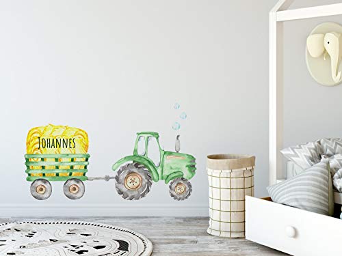GRAZDesign Wandtattoo Kinderzimmer Junge Grün, Traktor mit Anhänger und Namen, Babyzimmer personalisiert, Entfernbare Wandsticker / 100x57cm von GRAZDesign