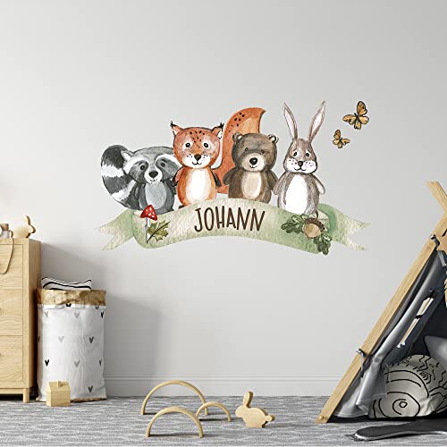 GRAZDesign Wandtattoo Kinderzimmer Waldtiere mit Namen personalisiert | Wandsticker Kinderzimmer | selbstklebende Aufkleber Tiere mit Wunschnamen, Blattgröße: 100x57cm - Tiere mit Wunschnamen von GRAZDesign