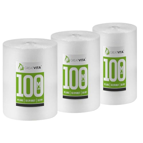 GREAT VITA GreatVita 3x Luftpolsterfolie 50cm x 100m 60my - Schutzpolsterfolie für empfindliche Gegenstände | Versand- und Verpackungsfolie für Umzüge100% recycelbar, Premium Qualität Noppenfolie von GREAT VITA