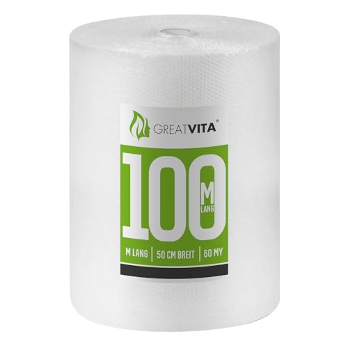 GreatVita 2x Luftpolsterfolie 50cm x 100m 60my - Schutzpolsterfolie für empfindliche Gegenstände | Versand- und Verpackungsfolie für Umzüge100% recycelbar, Premium Qualität Noppenfolie von GREAT VITA