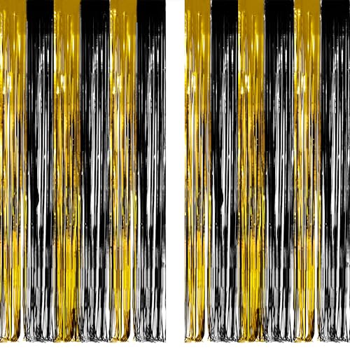 GREATRIL Lametta Vorhang Schwarz Gold - Mann Geburtstag Vorhang Metallic Luftschlangen Fotowand Hintergrund für Männer Geburtstag Abschluss Rente Hollywood Gatsby BVB Silvester Party von GREATRIL