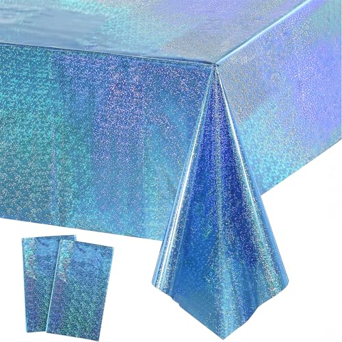 Tischdecke Geburtstag Blau Glitzer 2 Stück - Metallic Party Tischtuch Einweg Wasserabweisend Deko für Meerjungfrau Unterwasserwelt Frozen Babyparty Schulanfang Kindergeburtstag Party Deko 137 x 274cm von GREATRIL