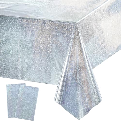 Tischdecke Geburtstag Silber Glitzer - Metallic Wasserabweisend Einweg Party Tischdecke für Disco Geburtstag Abschluss Weihnachten Silvester Tischdecke Dekorationen 137 x 274cm,2Stück von GREATRIL