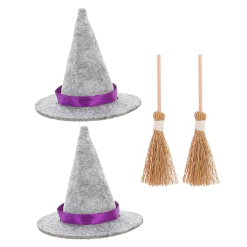 GREENADSCAPE 2 Sets Halloween Hexenhut, Winzige Hutüberzüge, Hut Für Mini, Puppenhut, Winzige Dekorationen, Puppenhexenhut, Kleine Hüte Für Kuchendekor, Winziger Hut Und Besen, Mini von GREENADSCAPE