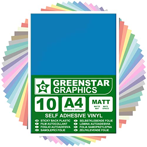 GREENSTAR GRAPHICS A4 VINYLFOLIE SELBSTKLEBENDEFOLIE (10 BLÄTTER) Bastelfolie, Plotterfolie, Dekorfolie, Kunsthandwerk, Hobbys und Aufkleber, Kompatibel mit Schneideplotter (BLAU MATT A4) von GREENSTAR GRAPHICS