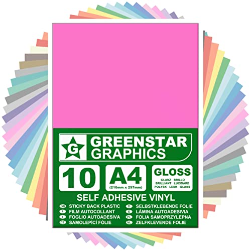 A4 VINYLFOLIE SELBSTKLEBENDEFOLIE (10 BLÄTTER) von GREENSTAR GRAPHICS® Bastelfolie, Plotterfolie, Dekorfolie, Kunsthandwerk, Hobbys und Aufkleber, Kompatibel mit Schneideplotter (ROSA GLÄNZENDE A4) von GREENSTAR GRAPHICS