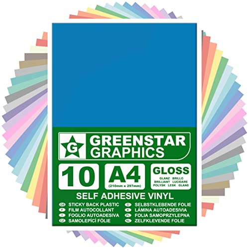 GREENSTAR GRAPHICS A4 VINYLFOLIE SELBSTKLEBENDEFOLIE (10 BLÄTTER) Bastelfolie, Plotterfolie, Dekorfolie, Kunsthandwerk, Hobbys und Aufkleber, Kompatibel mit Schneideplotter (BLAU GLÄNZENDE A4) von GREENSTAR GRAPHICS