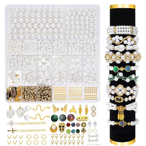 GREFIYAS Perlen für armbänder,weisse perlen set,4/5/6/7/8/10/12mm perlen weiss,30 Arten von Formperlen,Goldene perlen,Schmuck selber machen set erwachsene,weiße perlen für armbänder/ketten von GREFIYAS