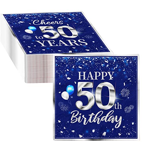 40 Stück Servietten zum 50. Geburtstag, Party-Dekorationen, 50 Jahre alt, silberblau, Einweg-Servietten, für Geburtstag, Getränke, Dessert, Kuchen, Tischdekoration, 2-lagig, silberfarben, blau von GREHUMOR