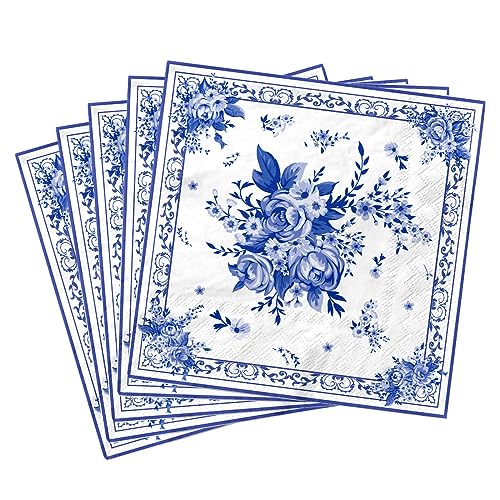 40 Stück blau-weiße florale Cocktail-Servietten, Partyzubehör, blau-weiße Blume, Einweg-Dessert-Papierservietten für Blumenmotiv, Brautparty, Babyparty, Hochzeit, Geburtstag, Frühling, Tee, von GREHUMOR